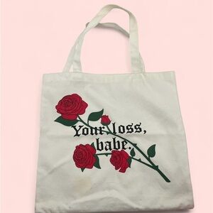 Stylish White Tote Bag with Red Rose Design